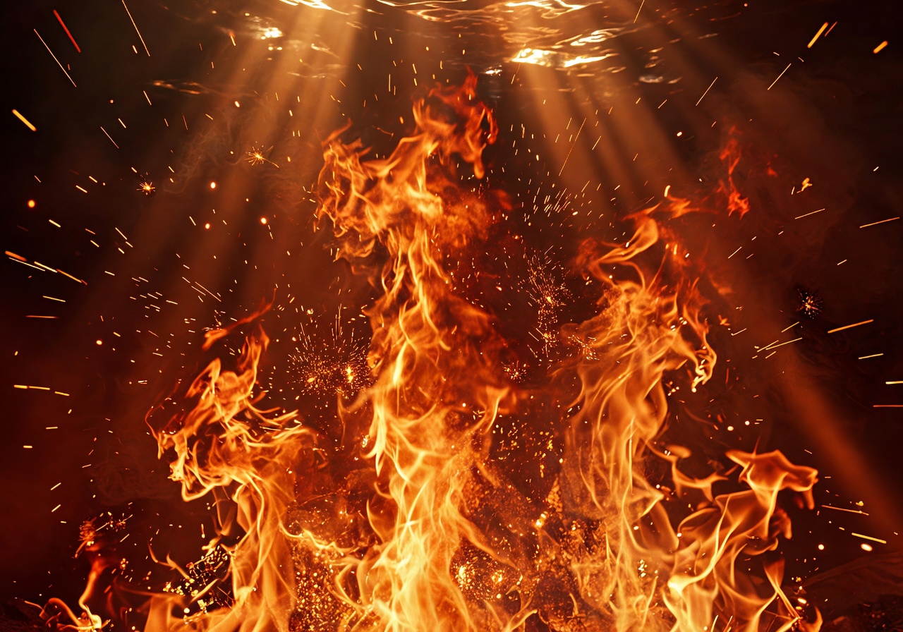 Dramatic fire flames and sparks creating an intense cinematic atmosphere for gameplay preview