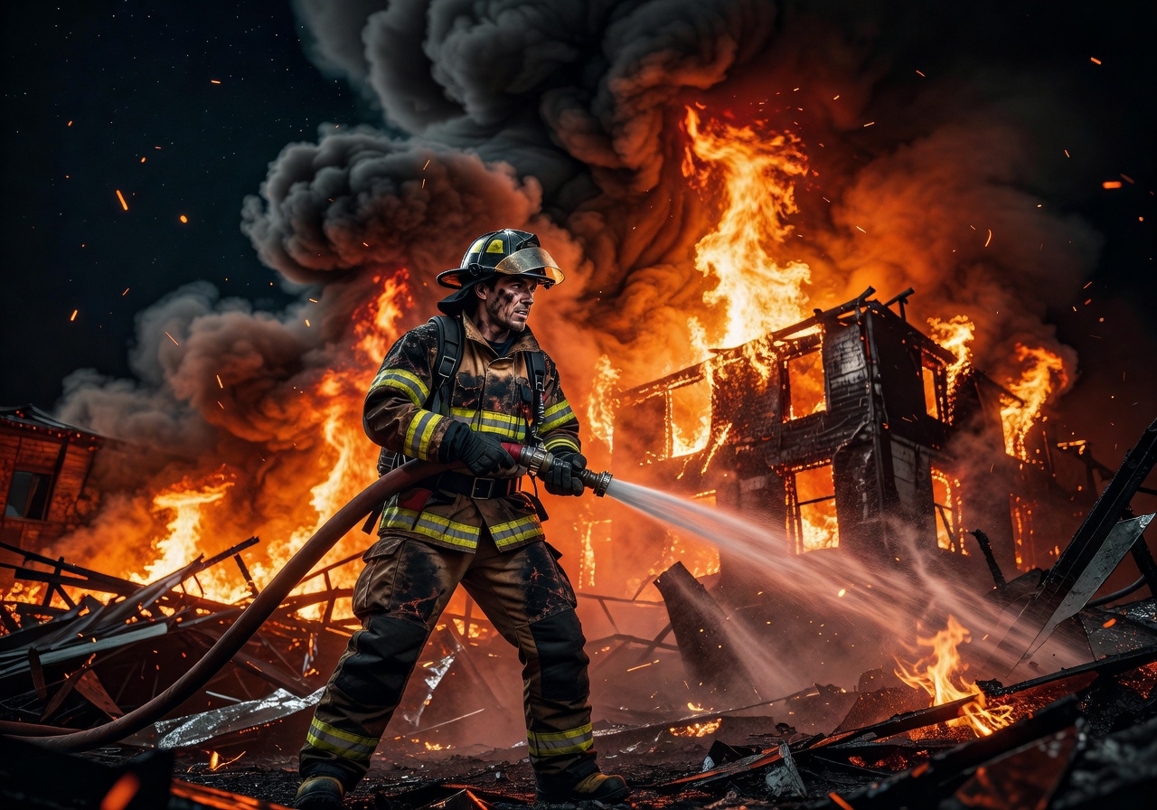 Dramatic firefighter in action against blazing fire at night scene
