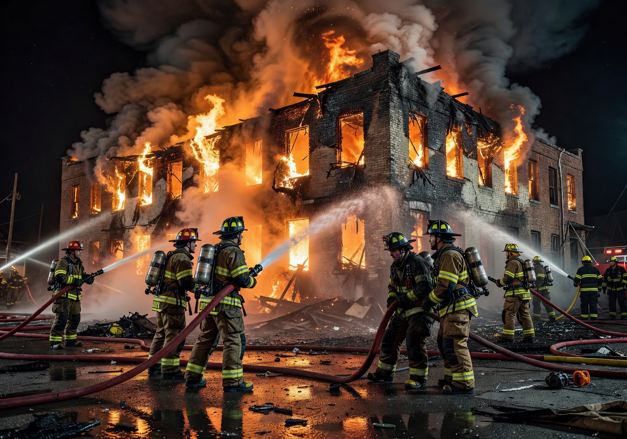 Firefighter team battling dramatic blaze with water hoses at night