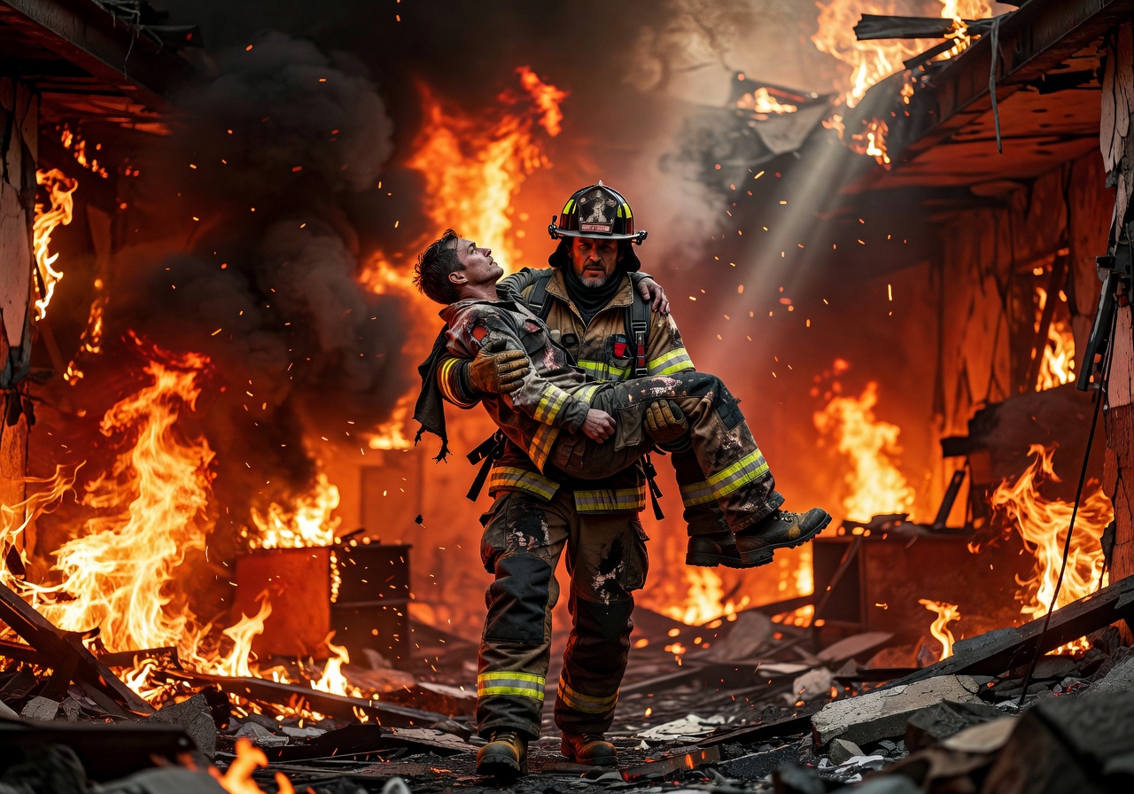 Intense fire and flames creating dramatic atmosphere for firefighter rescue slot game